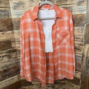 NWT button camp shirt top SMALL long sleeve orange white